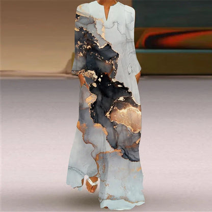 LM | 2024 European and American Cross Border Women New Dress V-Neck Long Sleeve Sexy Printed Large Pocket Foreign Trade Dress