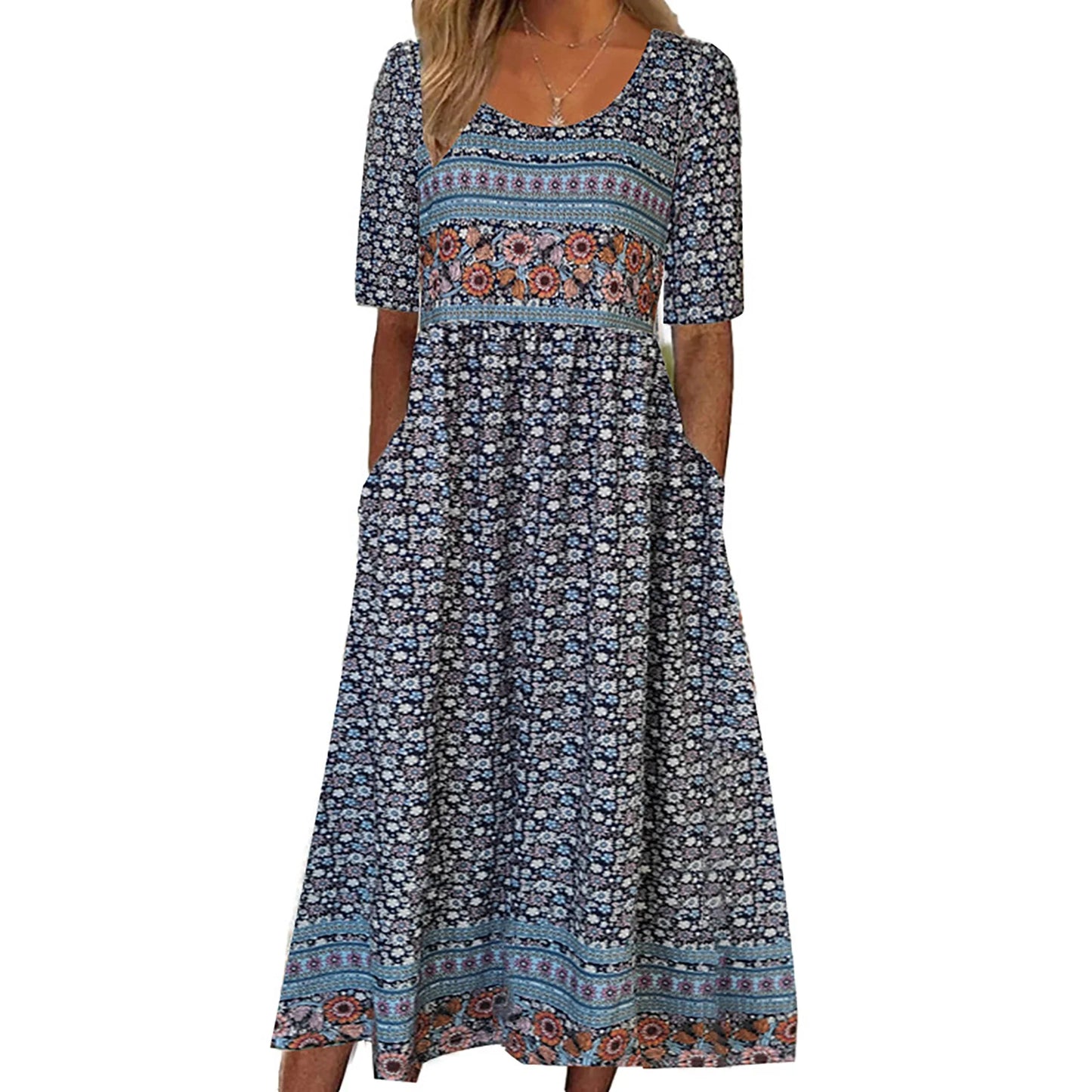 LM | 2025 summer new women bohemia loose fashion print round neck short sleeve long dress