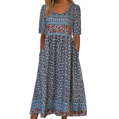 LM | 2025 summer new women bohemia loose fashion print round neck short sleeve long dress
