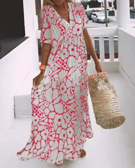 LM | 2024 AliExpress European and American Women Cross border Summer New Fashion Printed Short Sleeve Deep V-Neck Long Dress