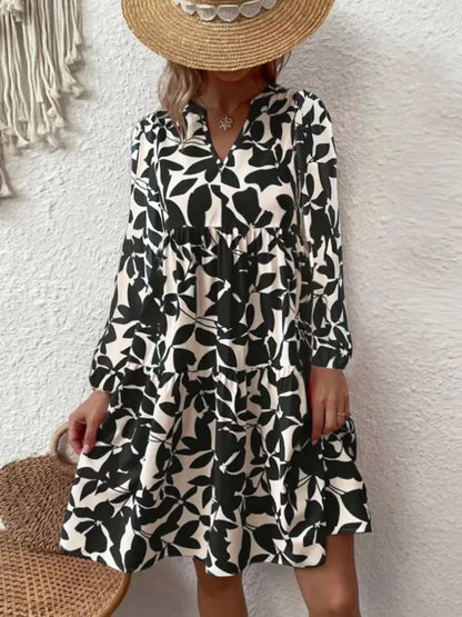 LM | 2024 Ladies Summer Elegant V-Neck Pleated Line Sundress Boho Print Mini Dress Casual Loose Oversize Beach Sundress