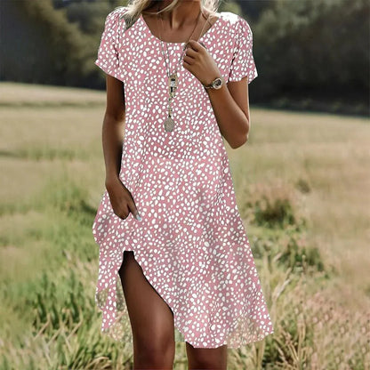 LM | Summer Bohemian Dresses for Women V-Neck Short Sleeve Flower Printed Beach Vacation Dress Women Maxi Dresses Boho