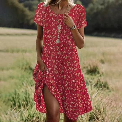 LM | Summer Bohemian Dresses for Women V-Neck Short Sleeve Flower Printed Beach Vacation Dress Women Maxi Dresses Boho