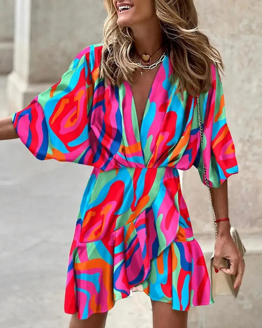 LM | Women Print Dress Sexy V-Neck Batwing Sleeves Ruffl Floral Print Bohemian Beach Sundress Ladies Loose Summer Vacation Mini Dresses