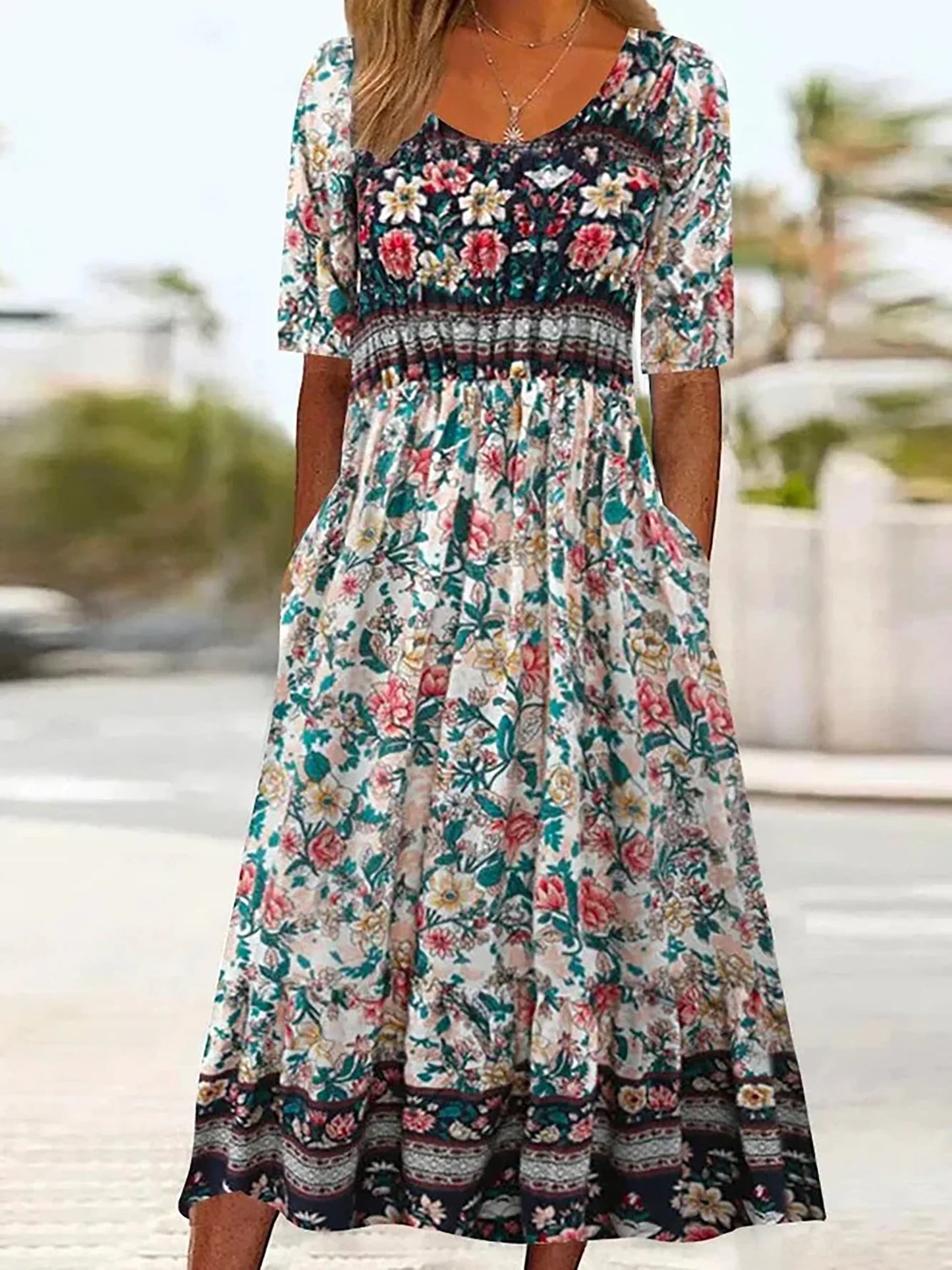LM | 2025 summer new women bohemia loose fashion print round neck short sleeve long dress