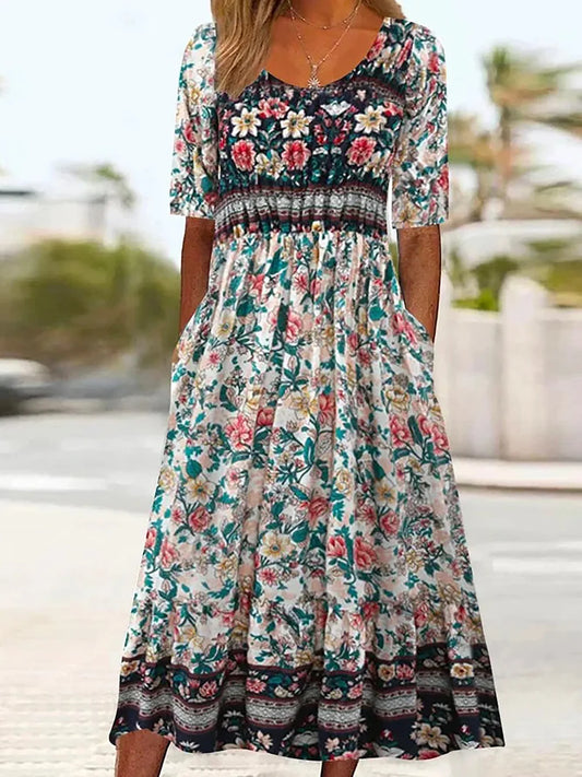 LM | 2025 summer new women bohemia loose fashion print round neck short sleeve long dress