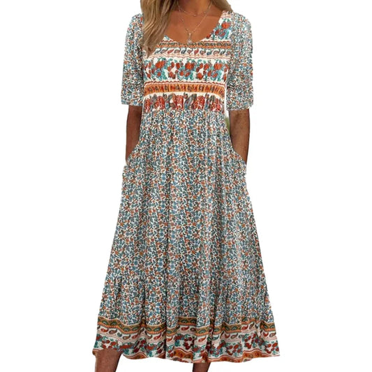 LM | 2024 Europe and the United States summer new women round neck short sleeves long skirt bohemian print dress women