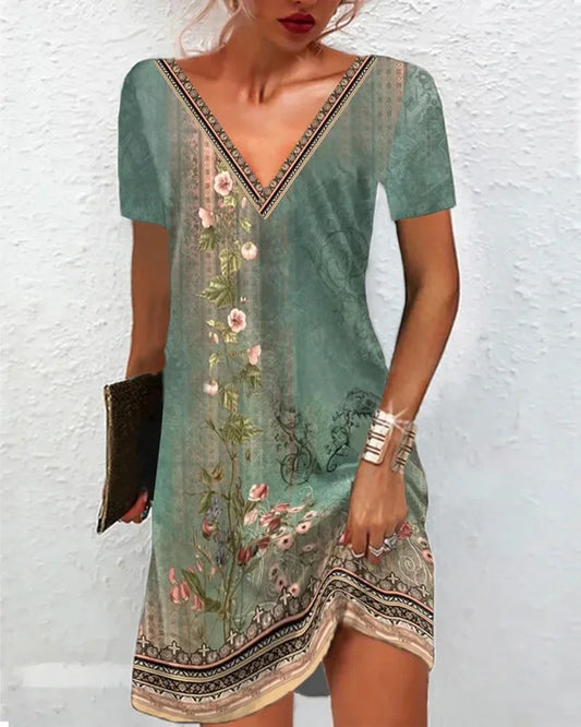 LM | 2024 Women Summer Dress Boho V-Neck Short Sleeve Vintage Print Floral Dress Female Casual Holiday Beach Loose Dresses Vestidos