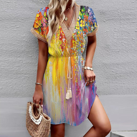 LM | 2024 New European and American spring/summer dress with printed batwing sleeves, lace, V-neck, waist, short sleeves, medium length