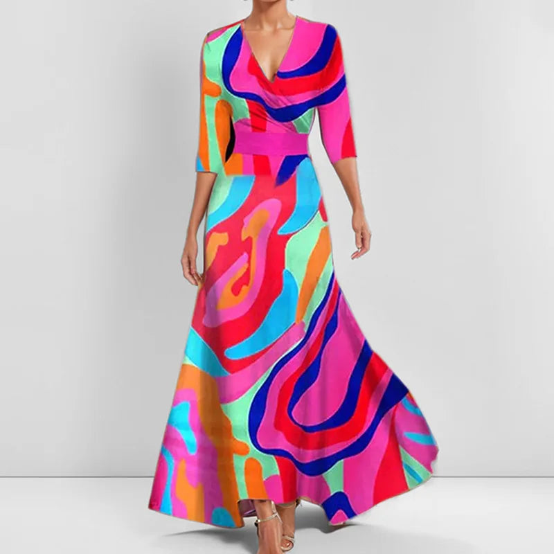 LM | Spring Summer Women Fashion V Neck Belted Party Long Dress Sexy Print Boho Maxi Dresses Short Sleeve Bag Femlae Vacation