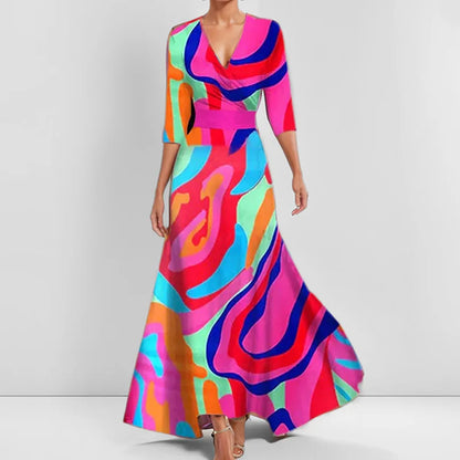 LM | Spring Summer Women Fashion V Neck Belted Party Long Dress Sexy Print Boho Maxi Dresses Short Sleeve Bag Femlae Vacation