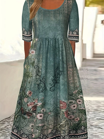 LM | 2025 summer new women bohemia loose fashion print round neck short sleeve long dress