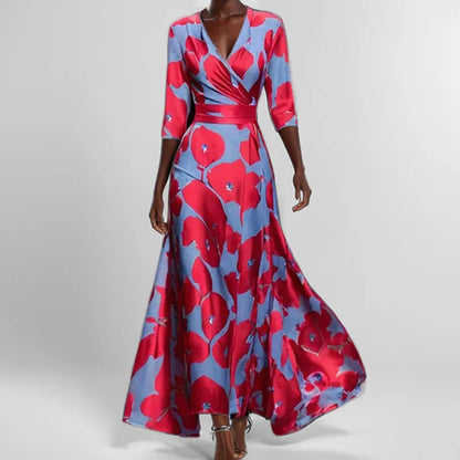 LM | Spring Summer Women Fashion V Neck Belted Party Long Dress Sexy Print Boho Maxi Dresses Short Sleeve Bag Femlae Vacation
