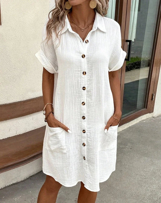LM | Vintage Women Solid Mini Dress Summer Fashion V-Neck Three Quater Sleeves Cotton Linen Dress Ladies Casual Holiday Vestidos