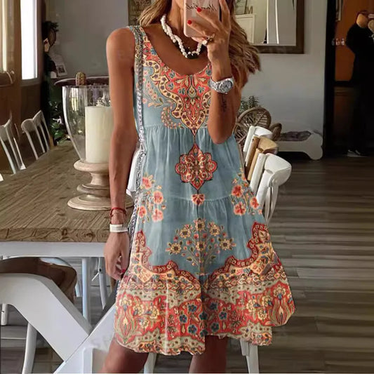 LM | 2024 New European and American summer printed sleeveless v-neck vest dress fashion vacation printed dress for women