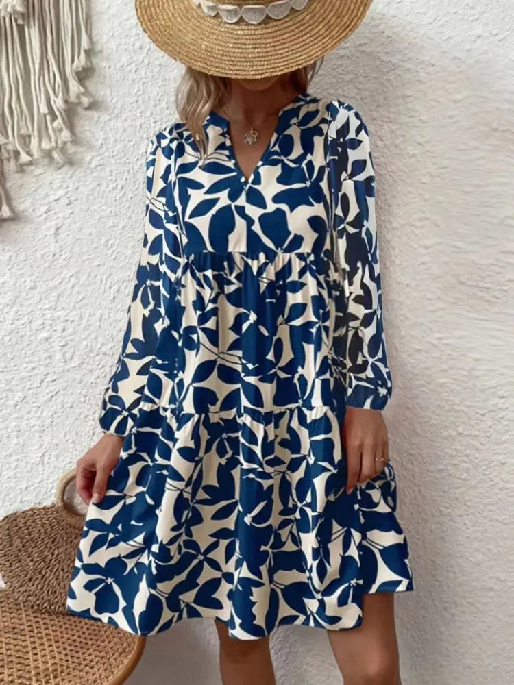 LM | 2024 Ladies Summer Elegant V-Neck Pleated Line Sundress Boho Print Mini Dress Casual Loose Oversize Beach Sundress