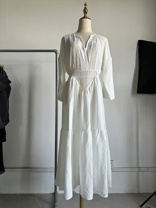 LM | 2025 New Women Spring Solid Loose Ethnic Party Dress Casual Long Sleeve Vintage Beach Dress Sexy V Neck Lace Hollow Long Dress