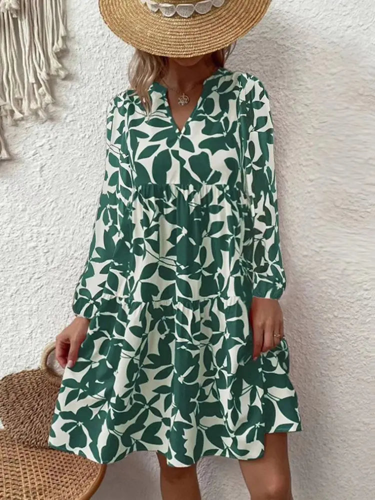 LM | 2024 Ladies Summer Elegant V-Neck Pleated Line Sundress Boho Print Mini Dress Casual Loose Oversize Beach Sundress