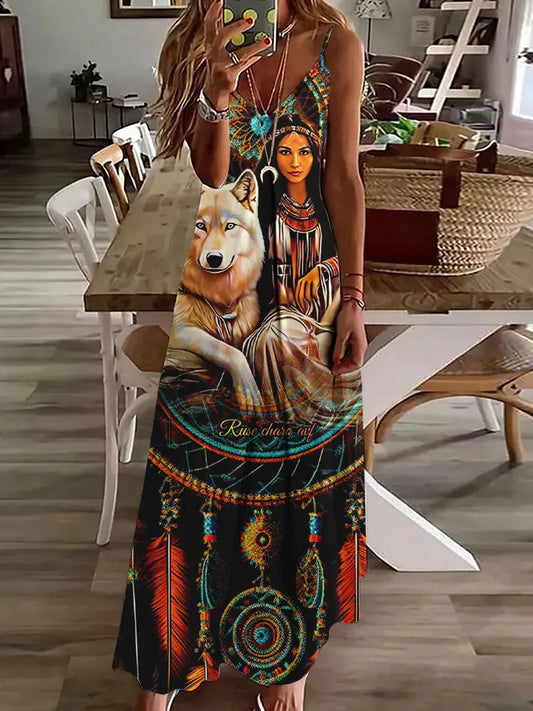 LM | 2024 New 3D Owl Vintage Print Sleeveless Vest Long Women Tribal Pattern Spaghetti Strap Dress Summer Long Loose Vest Dresses