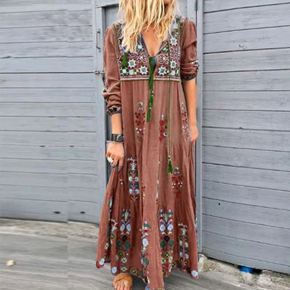LM | Long Dress for Women 2023 Fall Beach Bohemian Dresses Casual Vestido Robe Female Clothing Y2K Floral Skirt Elegant Maxi Dress