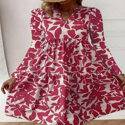 LM | 2024 Ladies Summer Elegant V-Neck Pleated Line Sundress Boho Print Mini Dress Casual Loose Oversize Beach Sundress