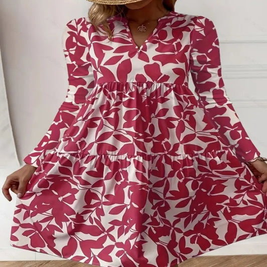 LM | 2024 Ladies Summer Elegant V-Neck Pleated Line Sundress Boho Print Mini Dress Casual Loose Oversize Beach Sundress