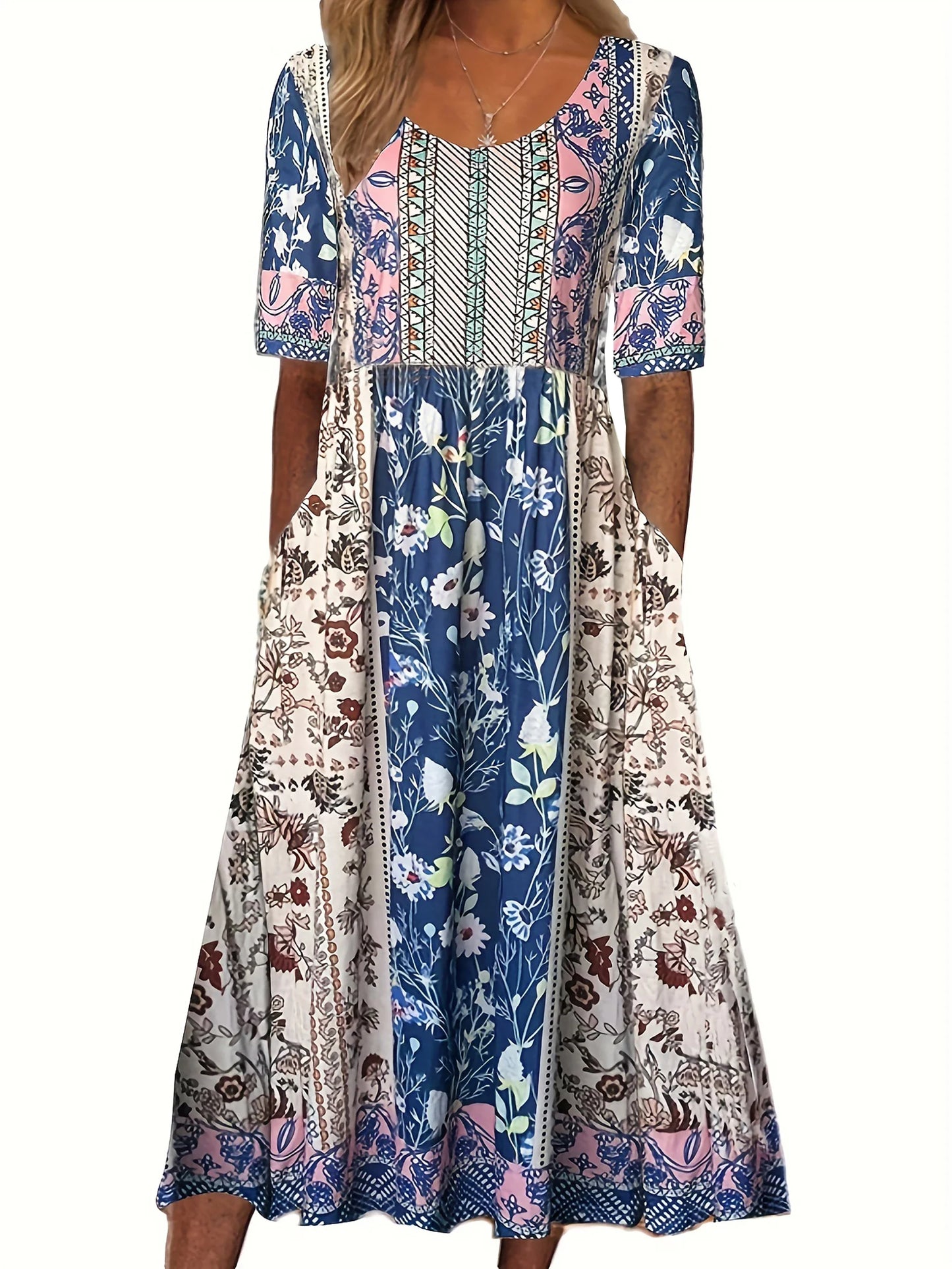 LM | 2025 summer new women bohemia loose fashion print round neck short sleeve long dress