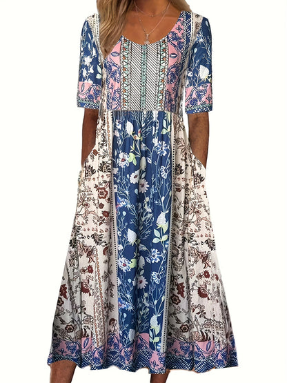 LM | 2025 summer new women bohemia loose fashion print round neck short sleeve long dress
