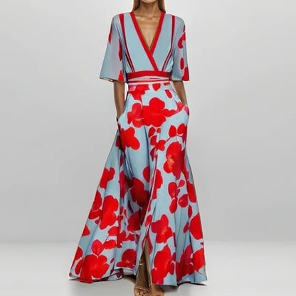 LM | Spring Summer Women Fashion V Neck Belted Party Long Dress Sexy Print Boho Maxi Dresses Short Sleeve Bag Femlae Vacation