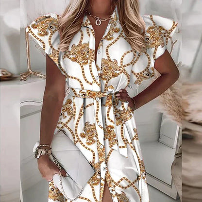 LM | Fashion ruffle short sleeve V-neck button print midi dress
