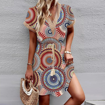 LM | 2024 New European and American spring/summer dress with printed batwing sleeves, lace, V-neck, waist, short sleeves, medium length
