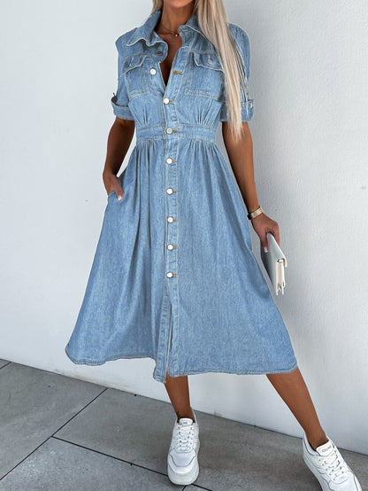 TS | Professional denim dress: solid patchwork turtleneck