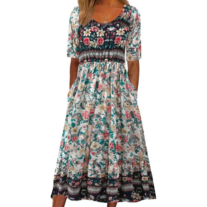 LM | 2024 Europe and the United States summer new women round neck short sleeves long skirt bohemian print dress women