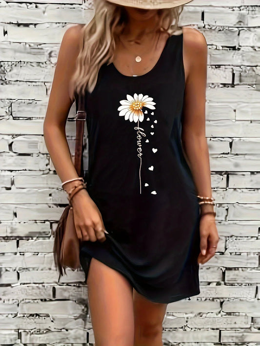 LM | Summer Black Sexy Dress Women's Sunflower Print Casual Slim Fit Sleeveless Round Neck T-shirt Mini Dress
