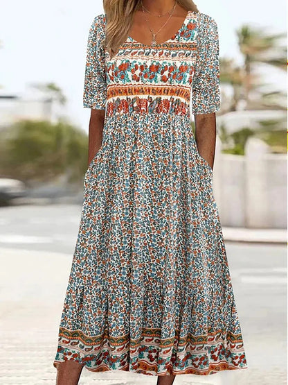 LM | 2025 summer new women bohemia loose fashion print round neck short sleeve long dress