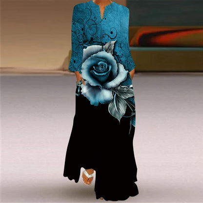 LM | 2024 European and American Cross Border Women New Dress V-Neck Long Sleeve Sexy Printed Large Pocket Foreign Trade Dress
