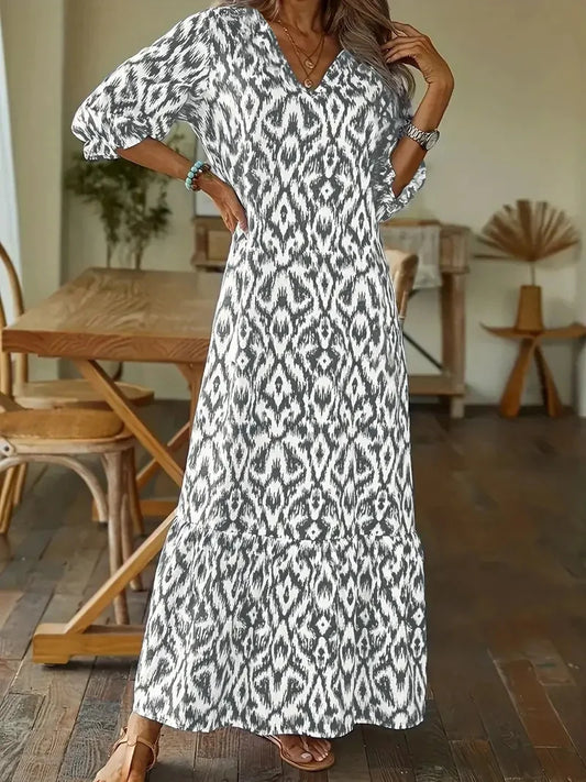 LM | 2024 European and American cross-border AliExpress fall and winter fashionista cute loose v-neck print mid-sleeved long dress