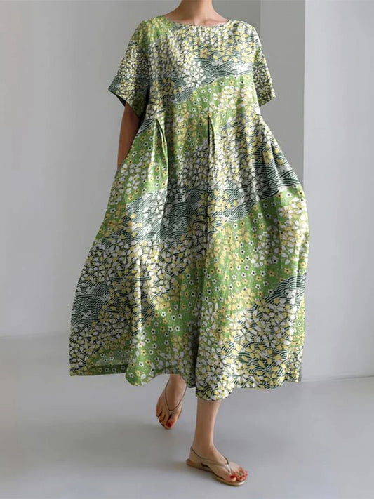 LM | 2024 New Women Round Neck Long Casual Dress Summer Large Size Fresh Fish Print Dress Street Vacation Short Sleeve Dress