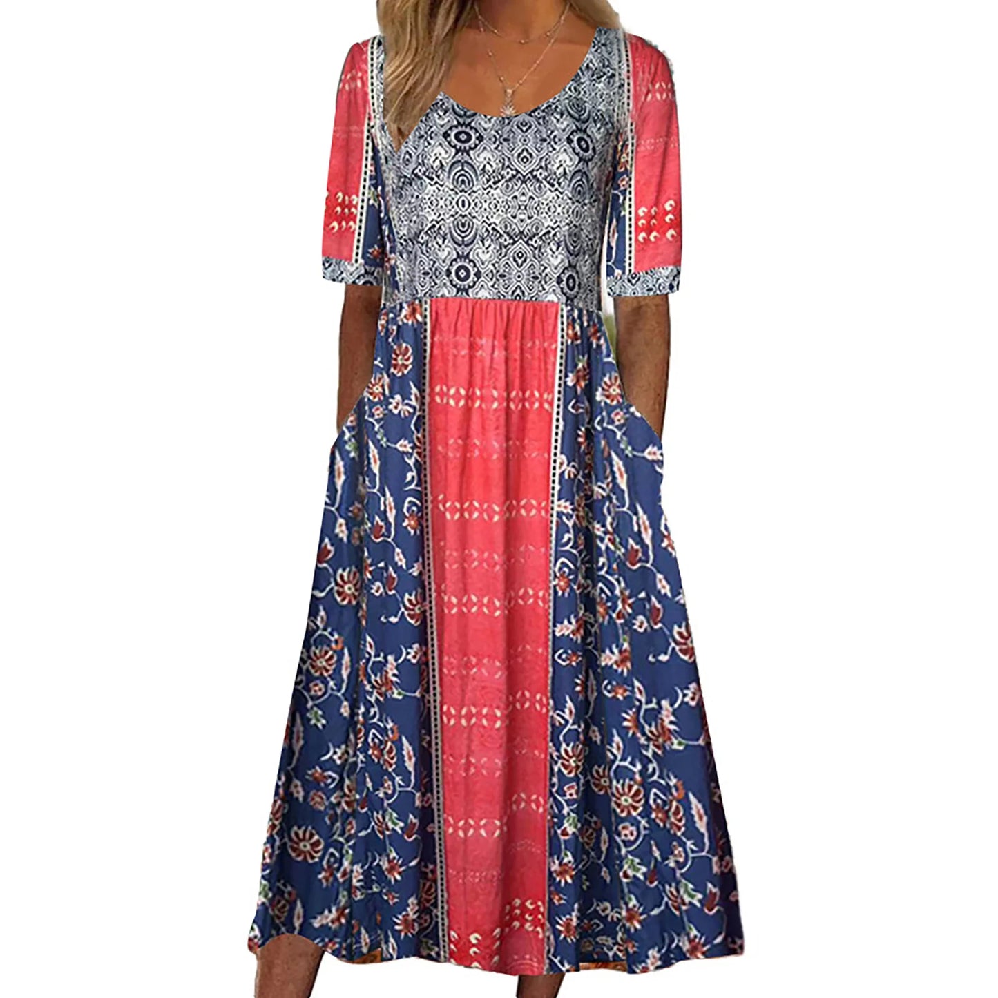 LM | 2025 summer new women bohemia loose fashion print round neck short sleeve long dress