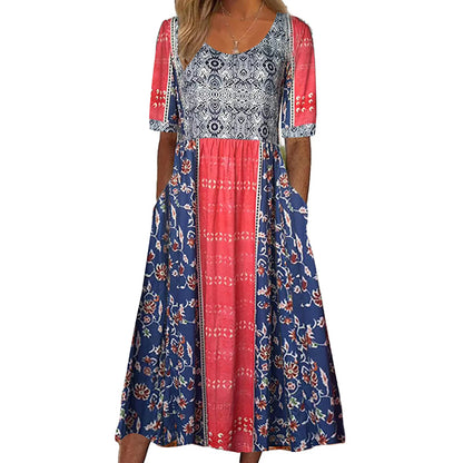 LM | 2025 summer new women bohemia loose fashion print round neck short sleeve long dress