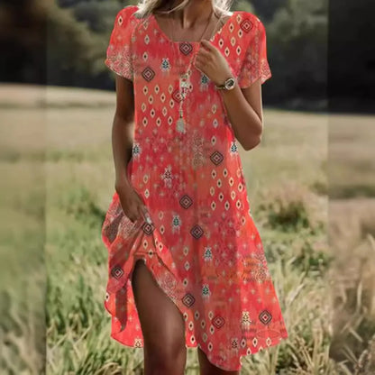 LM | Summer Bohemian Dresses for Women V-Neck Short Sleeve Flower Printed Beach Vacation Dress Women Maxi Dresses Boho