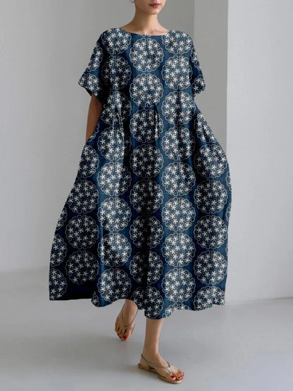 LM | 2024 New Women Round Neck Long Casual Dress Summer Large Size Fresh Fish Print Dress Street Vacation Short Sleeve Dress