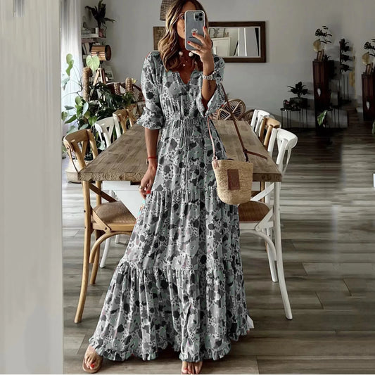 LM | 2024 summer new european and american women clothing temperament vacation v-neck printed big swing long dress
