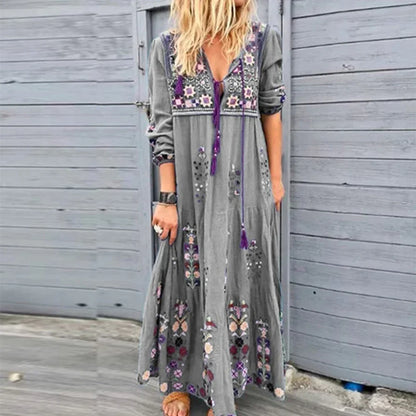 LM | Long Dress for Women 2023 Fall Beach Bohemian Dresses Casual Vestido Robe Female Clothing Y2K Floral Skirt Elegant Maxi Dress