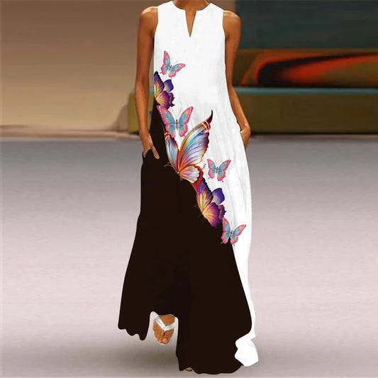 LM | 2024 New European and American Cross border Summer Long Dress Women Sleeveless V-Neck Printed Sexy
