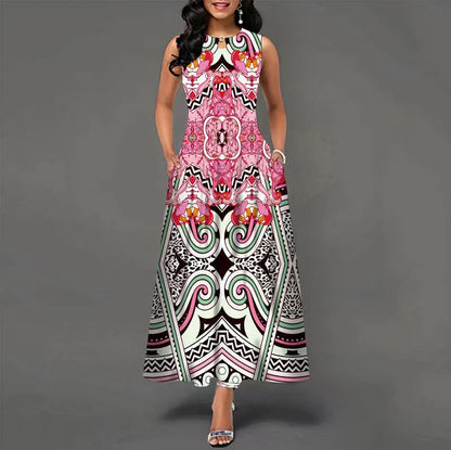 LM | New Casual Sleeveless Long Dress Women Printed Bohemian Retro Maxi Dresses