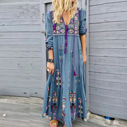 LM | Long Dress for Women 2023 Fall Beach Bohemian Dresses Casual Vestido Robe Female Clothing Y2K Floral Skirt Elegant Maxi Dress