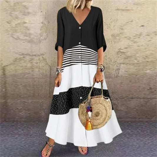 LM | 2025 Spring Oversize Women's Long Dress Print V-Neck Short Sleeve Button Loose A-Line Dresses Female Casual Elegant Women's Clothing