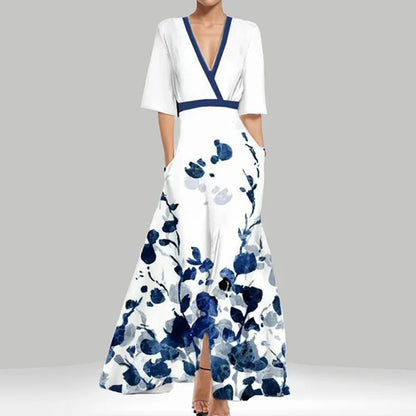 LM | Spring Summer Women Fashion V Neck Belted Party Long Dress Sexy Print Boho Maxi Dresses Short Sleeve Bag Femlae Vacation