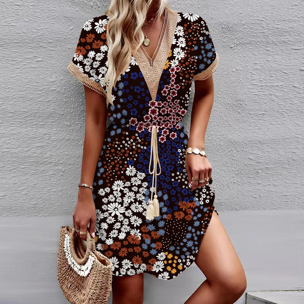 LM | 2024 New European and American spring/summer dress with printed batwing sleeves, lace, V-neck, waist, short sleeves, medium length